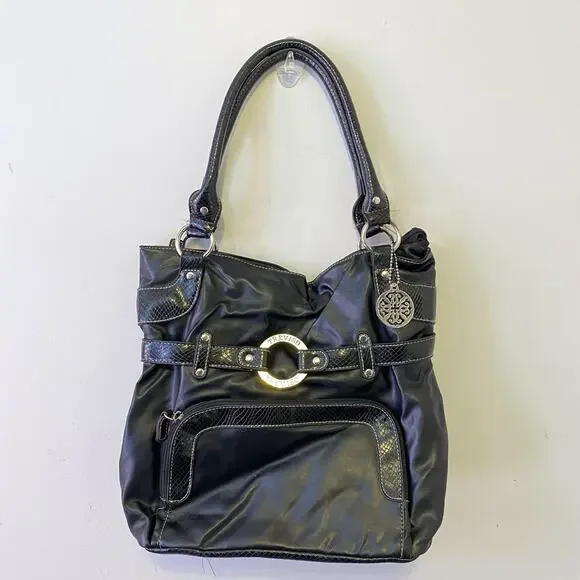Vintage Y2K Treviso Black FauxLeather Shoulder Purse Snake Embossed Silver Logo - Picture 4 of 10
